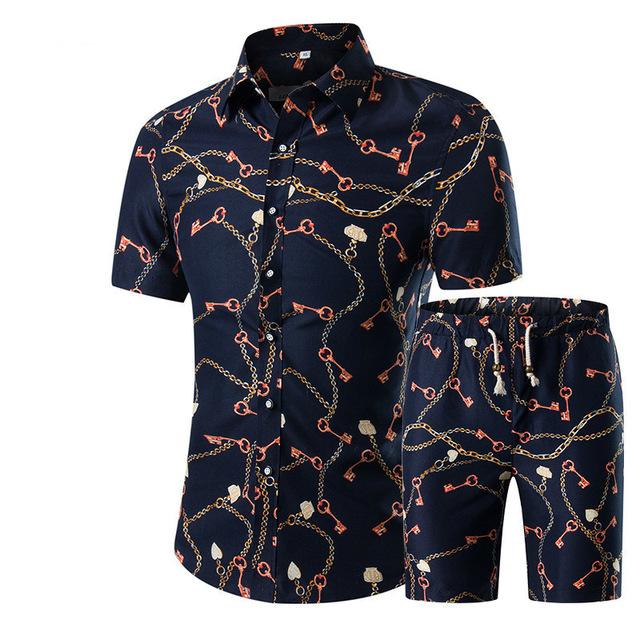 Summer Men Sets 2022 New Print Floral Short Sleeve Shirts Sets Fashion Casual Fit Slim Turn-down Collar Men Suits