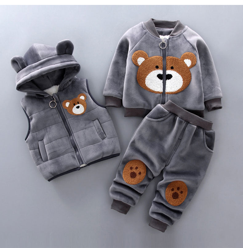 Winter Baby Girls Hooded Clothes Children Halloween Sets Vest+Coat+Pant 3 Pieces Boy Suits Cartoon Bear Garment For Kids 1-4 Age
