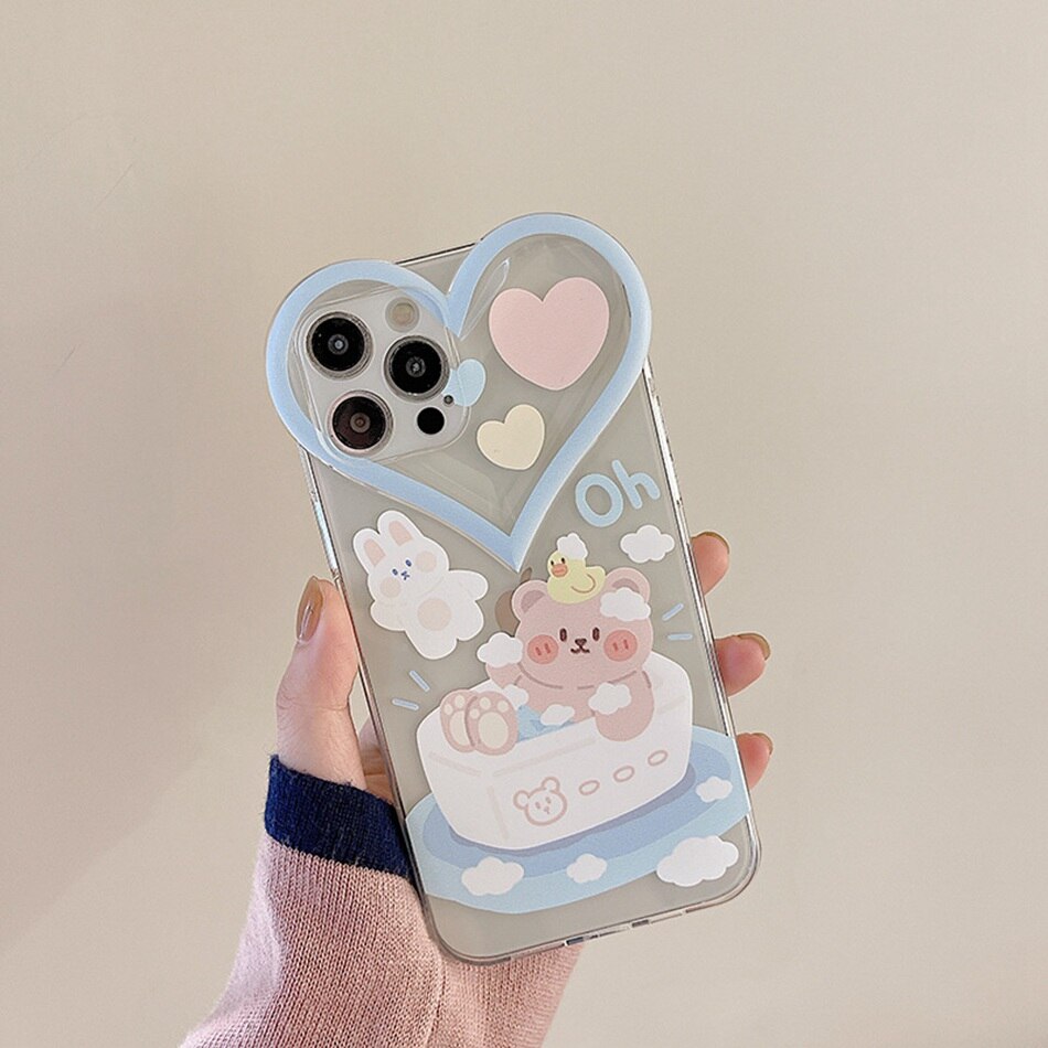 Lens Protection Phone Case For iPhone 13 12 Mini 11 Pro XS Max XR 8 7 Plus Love Heart Shape Cartoon Cute Bear Flower Soft Cover