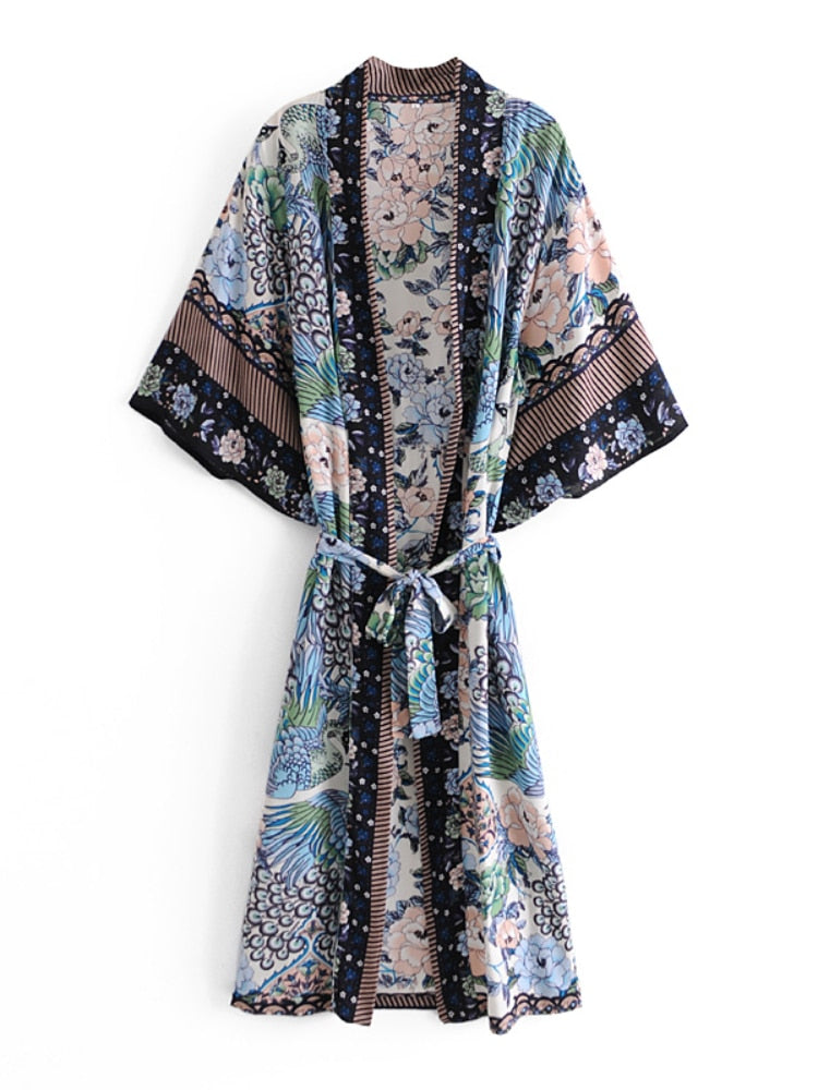 Peacock Floral Print Bat Sleeve Beach Bohemian Kimono Robe for Women Ladies V Neck Tassel Summer Dress Bikini Boho Cover-up