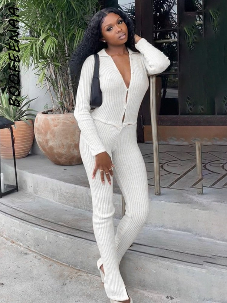 BOOFEENAA Button Ribbed Knitted Jumpsuit Two Piece Set Fall Winter Clothes Sexy White Long Sleeve Bodycon Jumpsuits C88-GE50