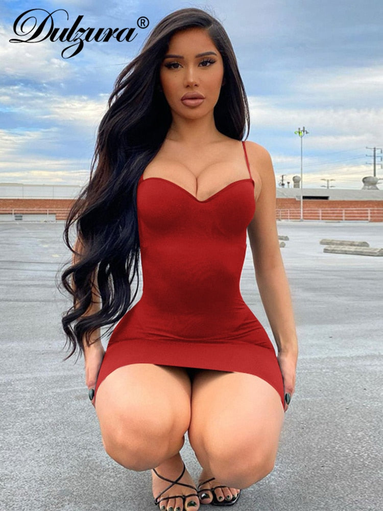 Dulzura Solid Women Strap Mini Dress Bodycon Sexy Streetwear Party Club Elegant 2022 Summer Clothes Basic Slim Fashion Casual