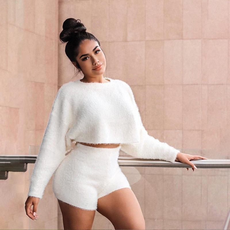Women Soft Fluffy 2 Piece Set O Neck Long Sleeve Crop Bouse Top High Waist Skinny Shorts Pant Casual Matching Outfits Lady Suits