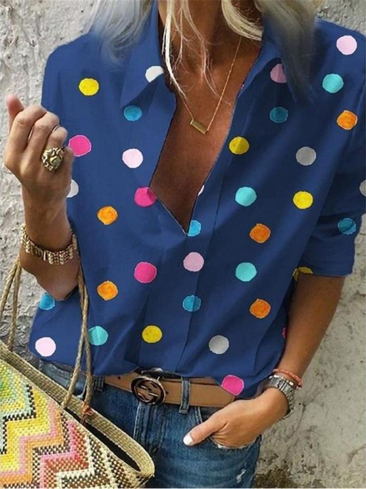2022 New Polka Dot Blouse Women Turn Down Collar Long Sleeve Shirts Plus Size Clothes Streetwear White Blouse Women Xxl