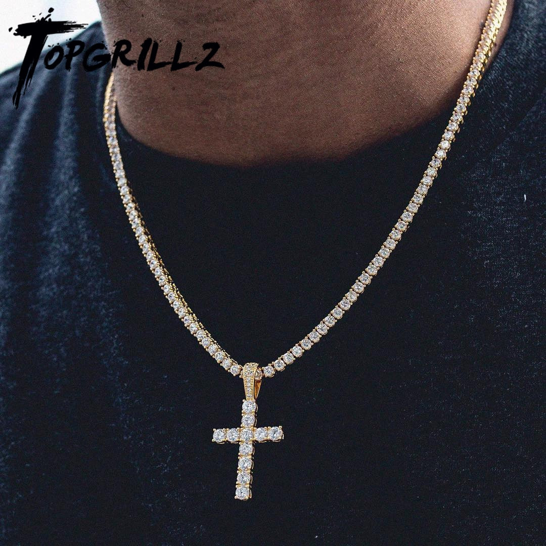 TOPGRILLZ Hip Hop Pico Harvey Cross Pendant Necklace Micro Pave AAAA+ Cubic Zirconia Egyptian Style With 24" 30" Chain