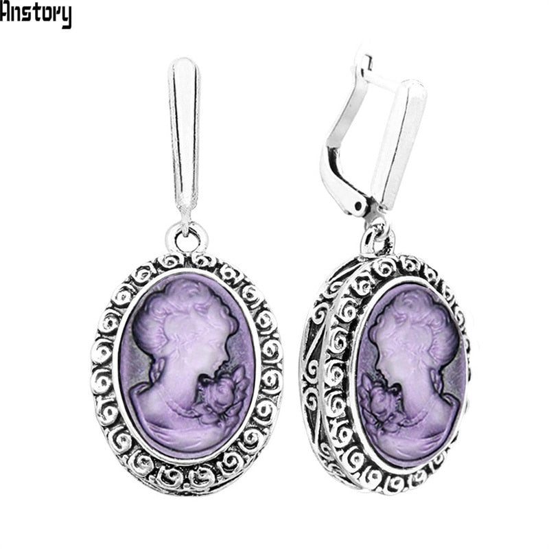 Lady Queen Cameo Earrings For Women Snail Pendant Vintage Earrings Antique Silver Plated Fashion Jewelry