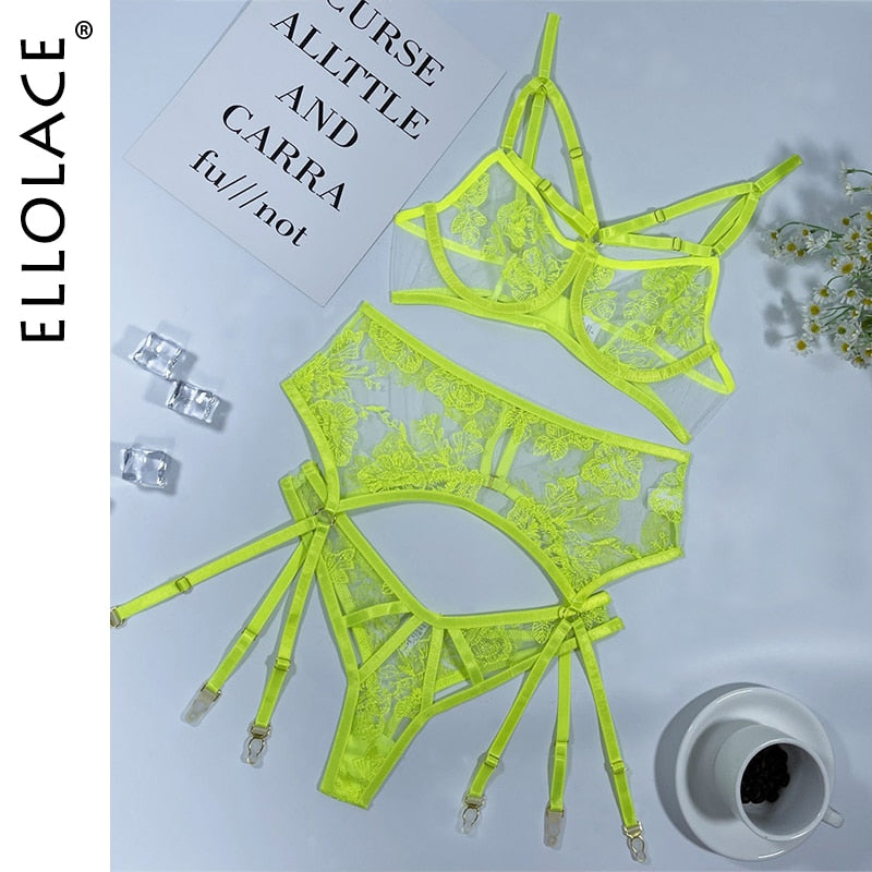 Ellolace Erotic Lingerie Set Woman 3 Pieces Sensual Embroidery Transparent Brief Sets Fancy Garters Luxury Lace Sexy Outfits
