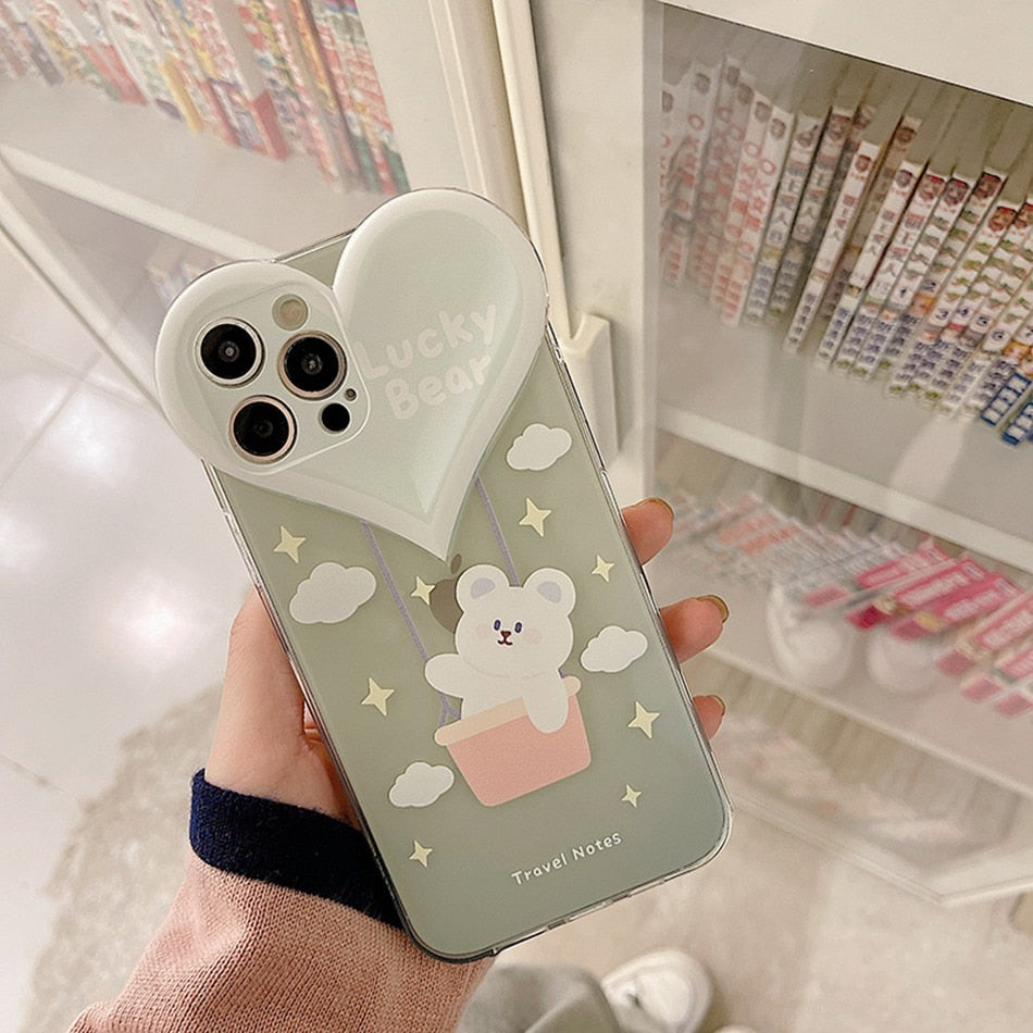 Lens Protection Phone Case For iPhone 13 12 Mini 11 Pro XS Max XR 8 7 Plus Love Heart Shape Cartoon Cute Bear Flower Soft Cover