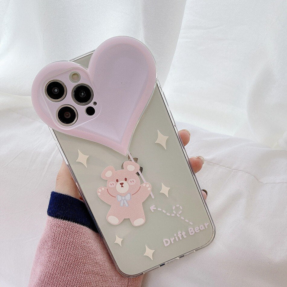 Lens Protection Phone Case For iPhone 13 12 Mini 11 Pro XS Max XR 8 7 Plus Love Heart Shape Cartoon Cute Bear Flower Soft Cover