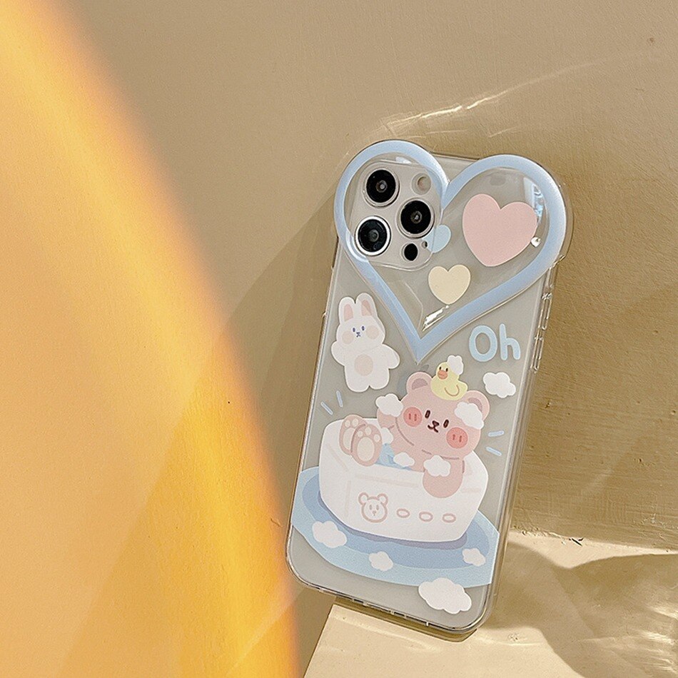 Lens Protection Phone Case For iPhone 13 12 Mini 11 Pro XS Max XR 8 7 Plus Love Heart Shape Cartoon Cute Bear Flower Soft Cover