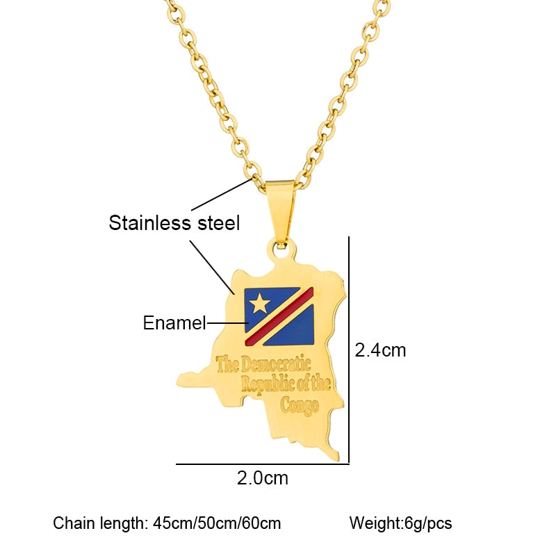 Fashion Africa Democratic Republic of the Congo Map Pendant Necklace Stianless Steel Men Women Congolese Ethnic Jewelry Gift