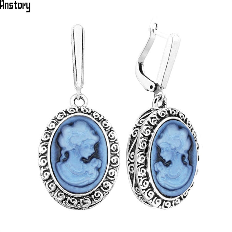 Lady Queen Cameo Earrings For Women Snail Pendant Vintage Earrings Antique Silver Plated Fashion Jewelry