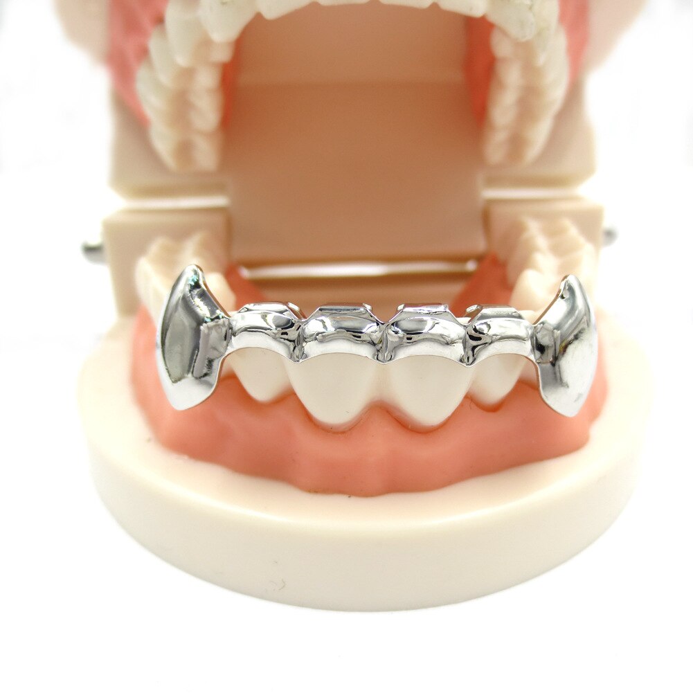 TOPGRILLZ Fang Grillz Set Gold Color Plated Half Teeth Dracula Vampire Fangs Slim Grills Gold Top & Bottom Grillz Teeth Set