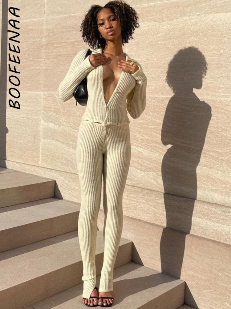 BOOFEENAA Button Ribbed Knitted Jumpsuit Two Piece Set Fall Winter Clothes Sexy White Long Sleeve Bodycon Jumpsuits C88-GE50