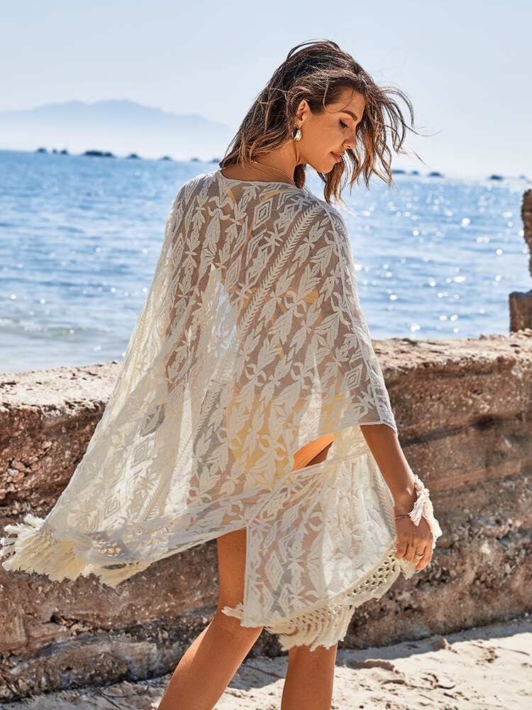 CUPSHE Crochet Bikini Cover Up Sexy Long Kimono Swimsuit Beach Dress For Women 2022 Summer Bathing Suit Beachwear Tunic Shirt