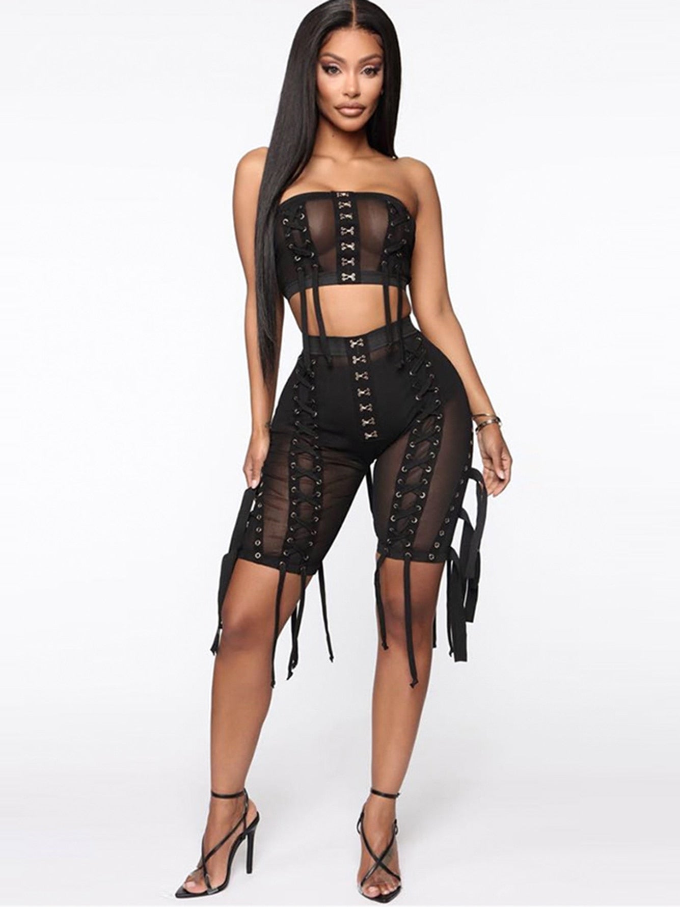 Sexy mesh perspective Women's Two Piece Set Top and shorts 2 Piece Set Club Celebrity Party Pants Suit 2022 Summer New Fashion