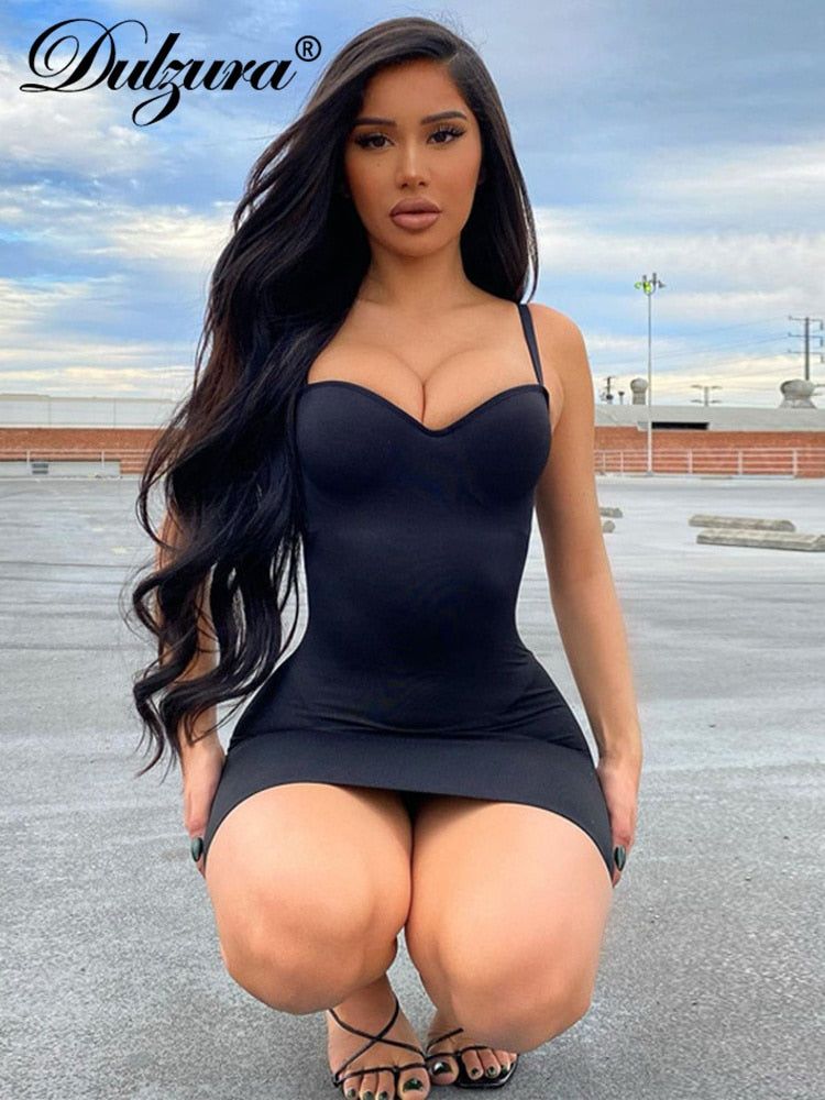 Dulzura Solid Women Strap Mini Dress Bodycon Sexy Streetwear Party Club Elegant 2022 Summer Clothes Basic Slim Fashion Casual