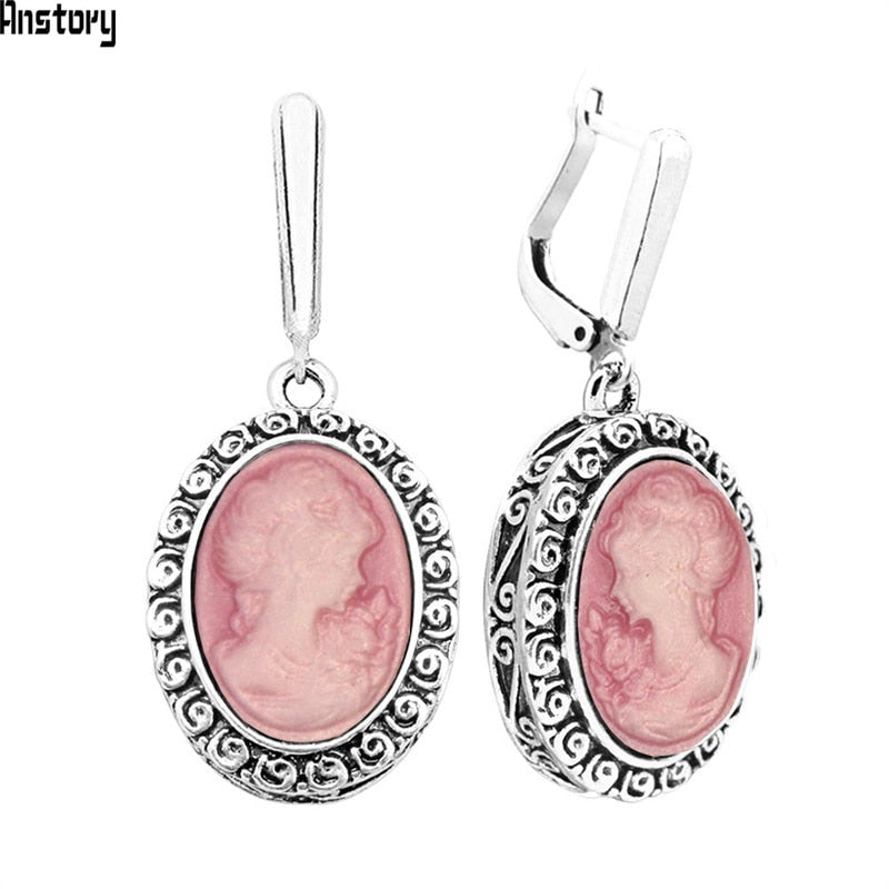 Lady Queen Cameo Earrings For Women Snail Pendant Vintage Earrings Antique Silver Plated Fashion Jewelry