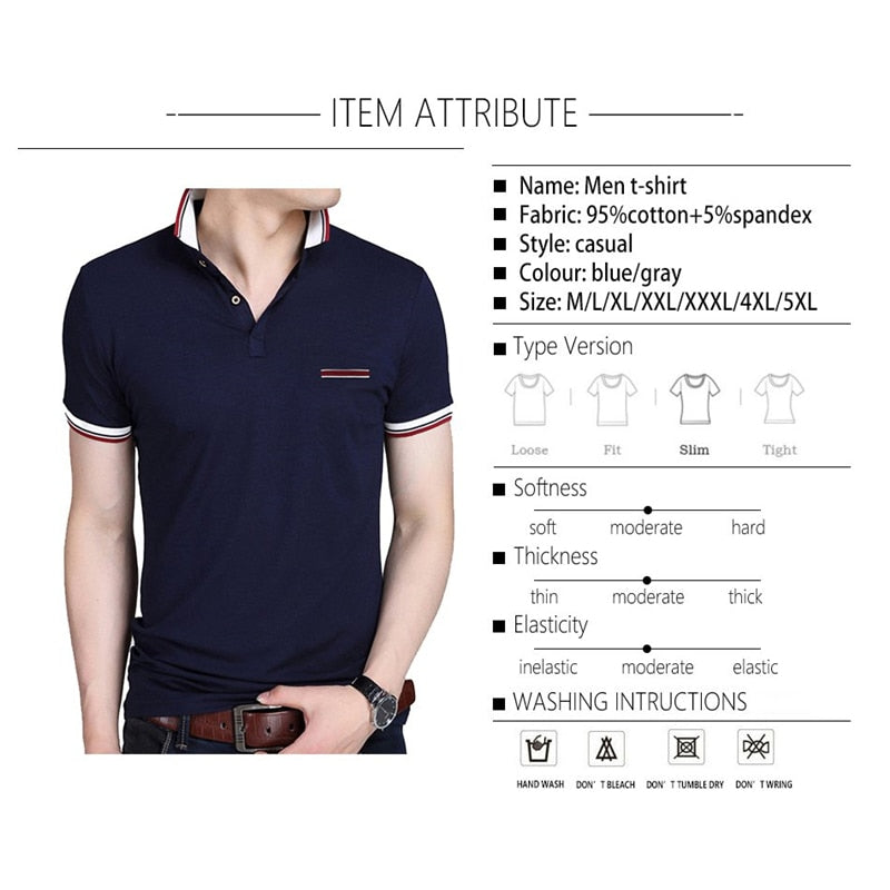 BROWON Casual Summer Short Sleeve T-shirt Turn-down Collar Business Formal T-shirt Slim Fit Men Clothes Plus Size