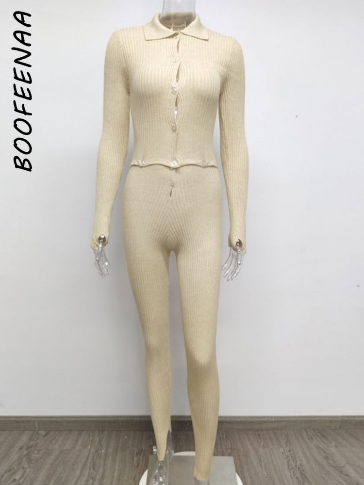 BOOFEENAA Button Ribbed Knitted Jumpsuit Two Piece Set Fall Winter Clothes Sexy White Long Sleeve Bodycon Jumpsuits C88-GE50
