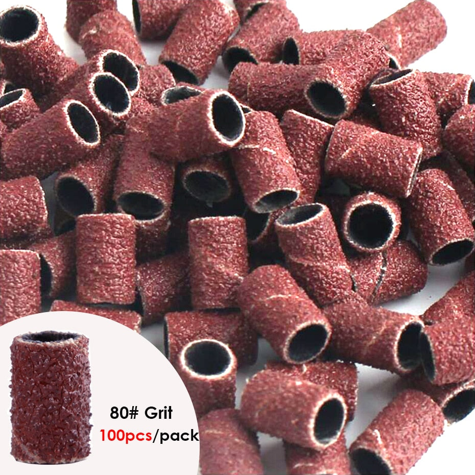 100/50pc Sanding Cap Bands For Electric Manicure Machine 180/120/80 Grit Nail Drill Grinding Bit Files Pedicure Tool Set BEND261