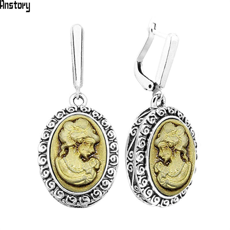 Lady Queen Cameo Earrings For Women Snail Pendant Vintage Earrings Antique Silver Plated Fashion Jewelry