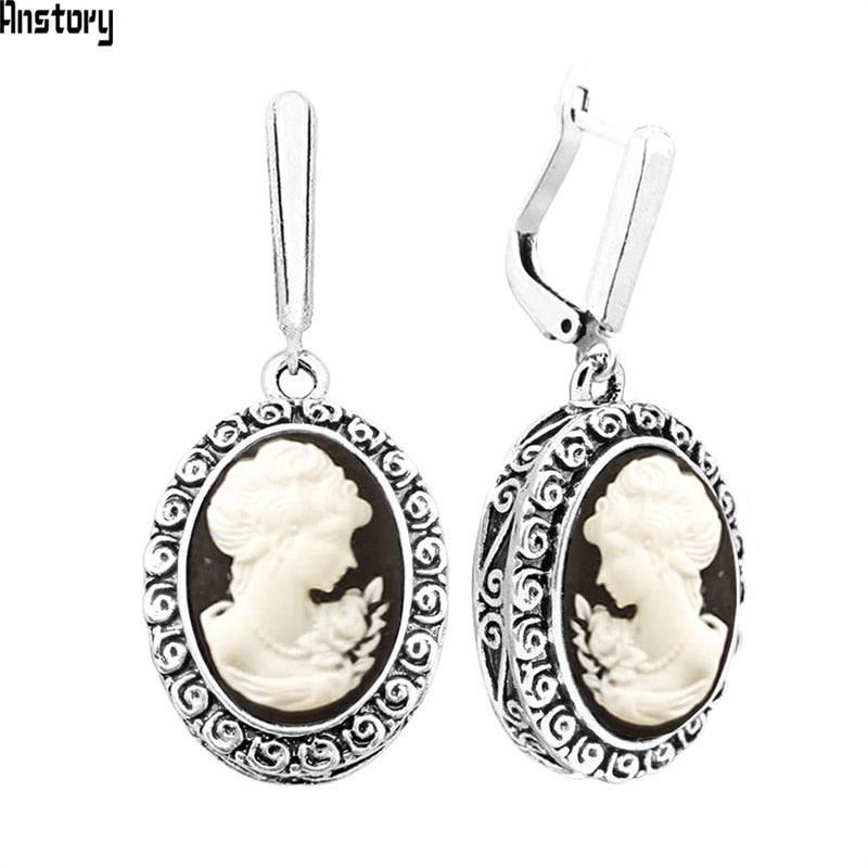 Lady Queen Cameo Earrings For Women Snail Pendant Vintage Earrings Antique Silver Plated Fashion Jewelry