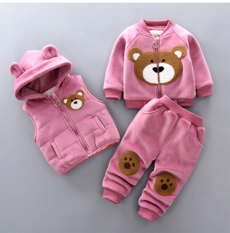 Winter Baby Girls Hooded Clothes Children Halloween Sets Vest+Coat+Pant 3 Pieces Boy Suits Cartoon Bear Garment For Kids 1-4 Age