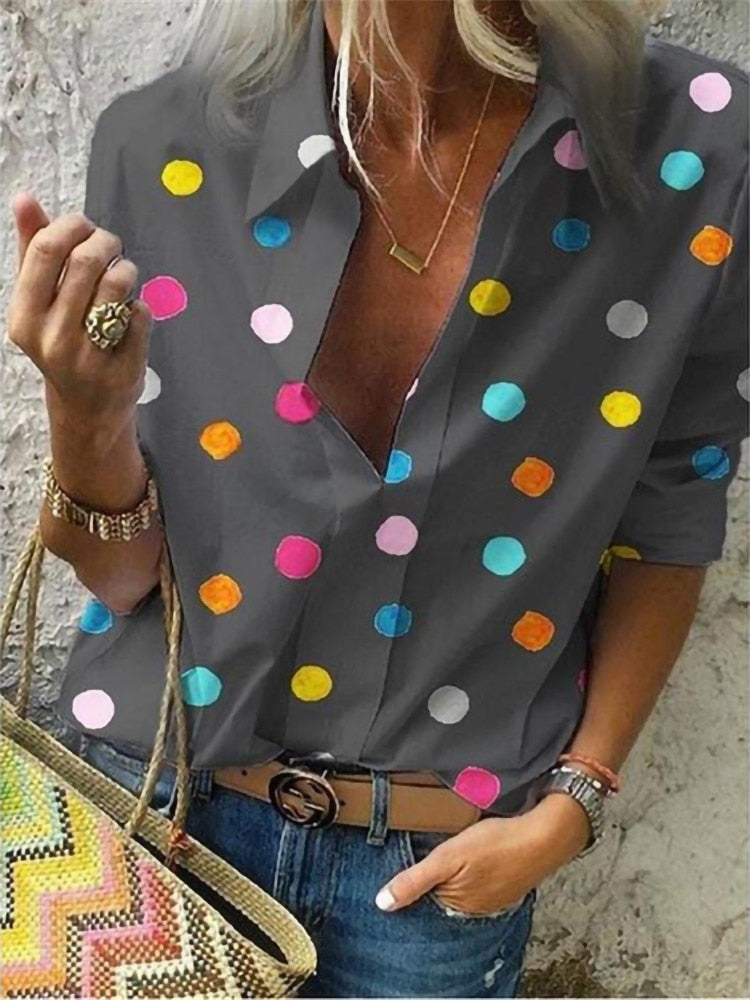 2022 New Polka Dot Blouse Women Turn Down Collar Long Sleeve Shirts Plus Size Clothes Streetwear White Blouse Women Xxl