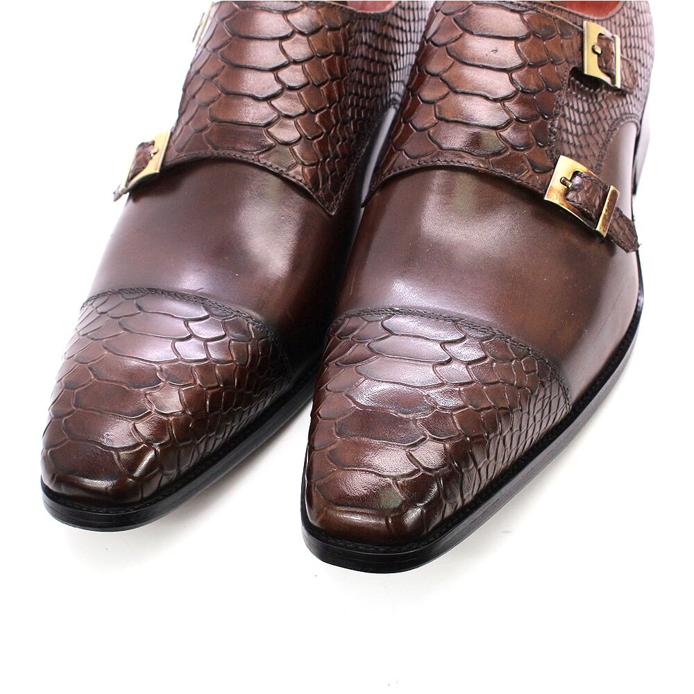 Size 47 Size 13 Mens Dress Shoes Genuine Leather Double Buckle Monk Strap Men Shoes Snake Print Cap Toe Classic Italian Shoes