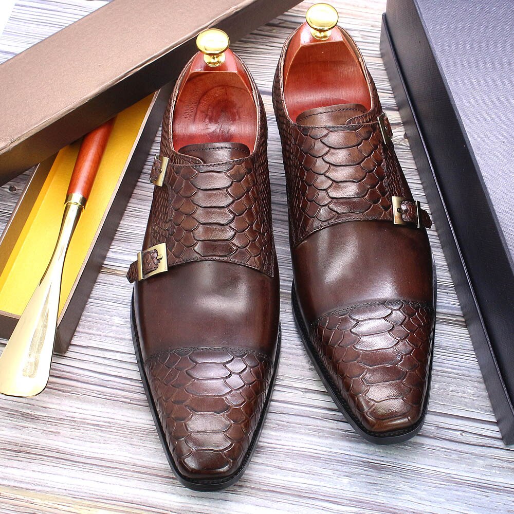 Size 47 Size 13 Mens Dress Shoes Genuine Leather Double Buckle Monk Strap Men Shoes Snake Print Cap Toe Classic Italian Shoes