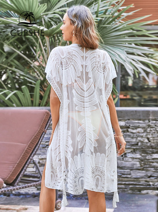 CUPSHE Crochet Bikini Cover Up Sexy Long Kimono Swimsuit Beach Dress For Women 2022 Summer Bathing Suit Beachwear Tunic Shirt