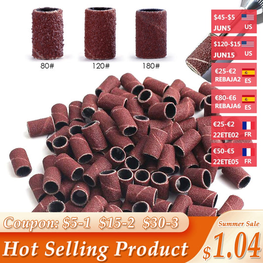 100/50pc Sanding Cap Bands For Electric Manicure Machine 180/120/80 Grit Nail Drill Grinding Bit Files Pedicure Tool Set BEND261