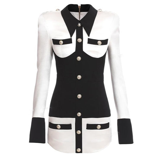 HIGH STREET 2022 Newest Designer Dress Women's Long Sleeve Color Block Patchwork Shirt Collar Lion Buttons Dress