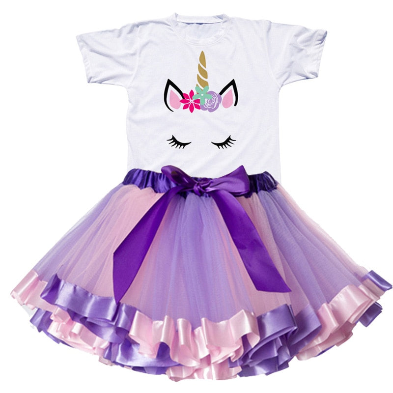 Kids Clothes Summer Fashion Unicorn T shirt whit Skirt Baby Girls Clothes Chilren Birthday Clothes Sets for 3 4 5 6 7 8 Yrs Girl