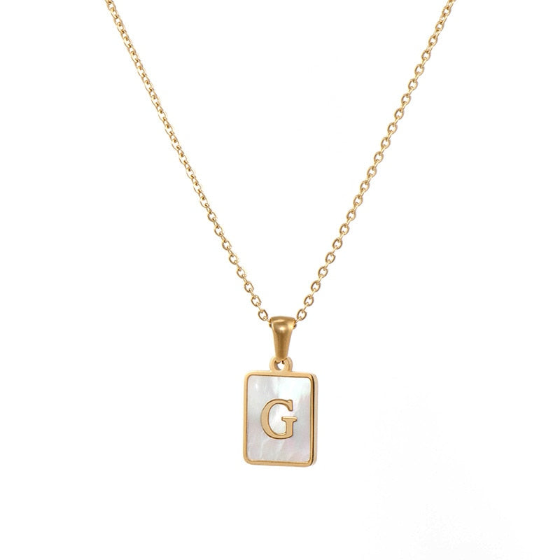 2021 Trend 18K Golden Chain Necklaces Male Square Natural Shell Initial Letters Pendant Stainless Steel Jewelry for Women Gifts