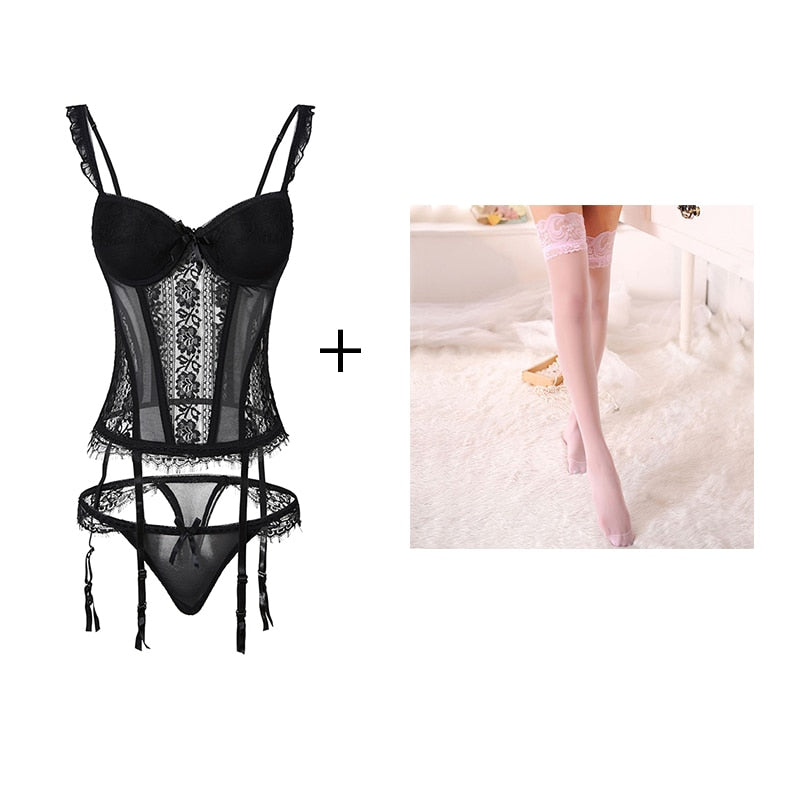 CINOON  New Elasticity Corset Sexy underwear Lace up Body Bustier Overbust With Straps Belt Black Breathable Lingerie
