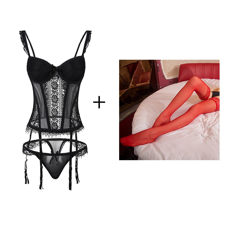 CINOON  New Elasticity Corset Sexy underwear Lace up Body Bustier Overbust With Straps Belt Black Breathable Lingerie