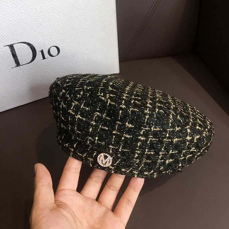 K219 Women&#39;s Hat Beret Hat Ins Tide Retro Woven Octagonal Hat Spring And Autumn Korean Version Of The Wild Painter Hat Lattice