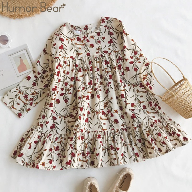 Humor Bear Girls Floral Dress  NEW Baby Girls Dress Party College Style Lapel Princess Dress Fashion Kids Children Clothing