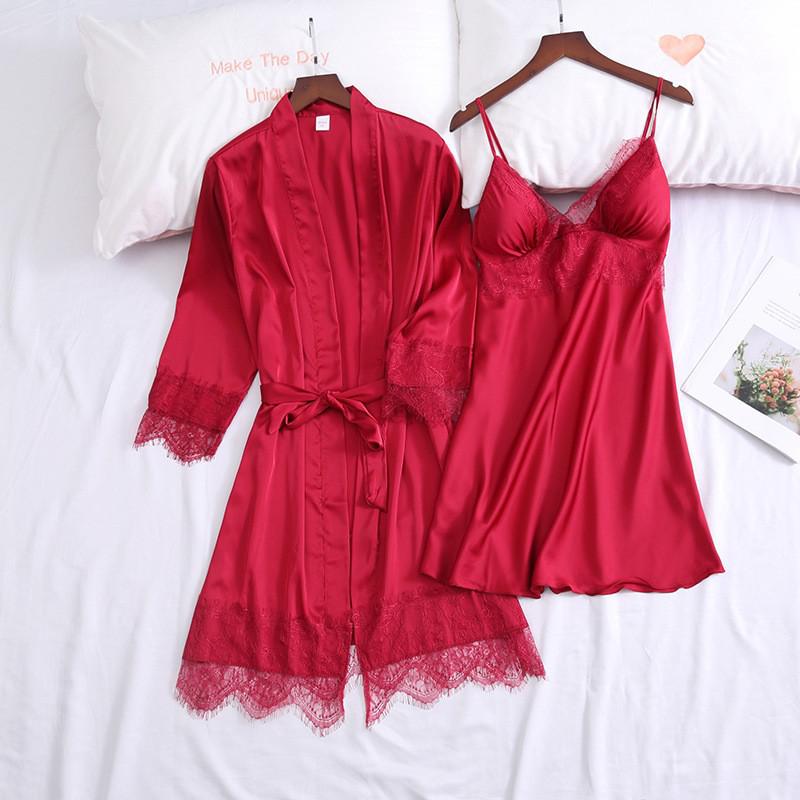 Lace Sexy Kimono Bathrobe Gown Satin Women Pink Sleepwear Casual Spring Summer New Nightwear Intimate Lingerie Homewear