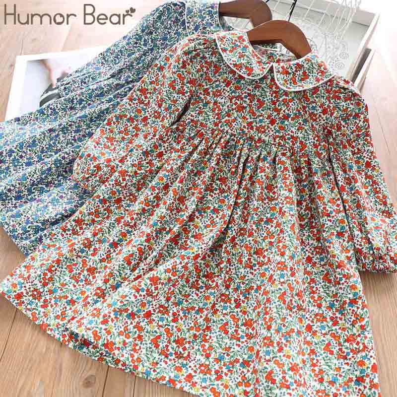 Humor Bear Girls Floral Dress  NEW Baby Girls Dress Party College Style Lapel Princess Dress Fashion Kids Children Clothing