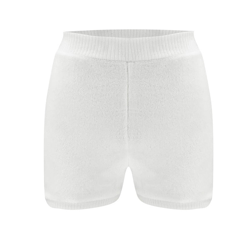 Women Soft Fluffy 2 Piece Set O Neck Long Sleeve Crop Bouse Top High Waist Skinny Shorts Pant Casual Matching Outfits Lady Suits