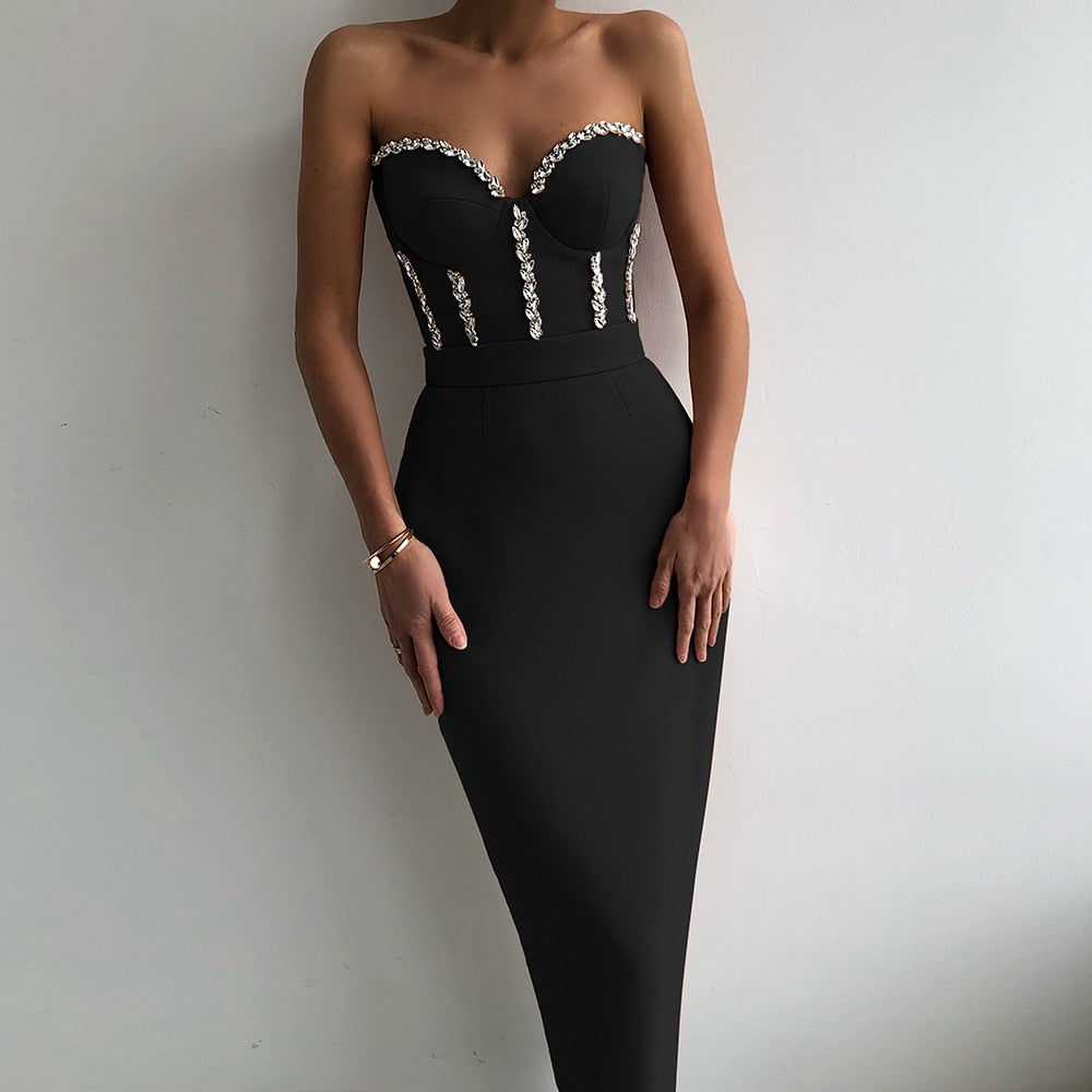 Sexy Strapless Women Dress Bandage Bodycon 2021 New Elegant Beading Party Evening Club Midi Dresses Summer Autumn Clothes