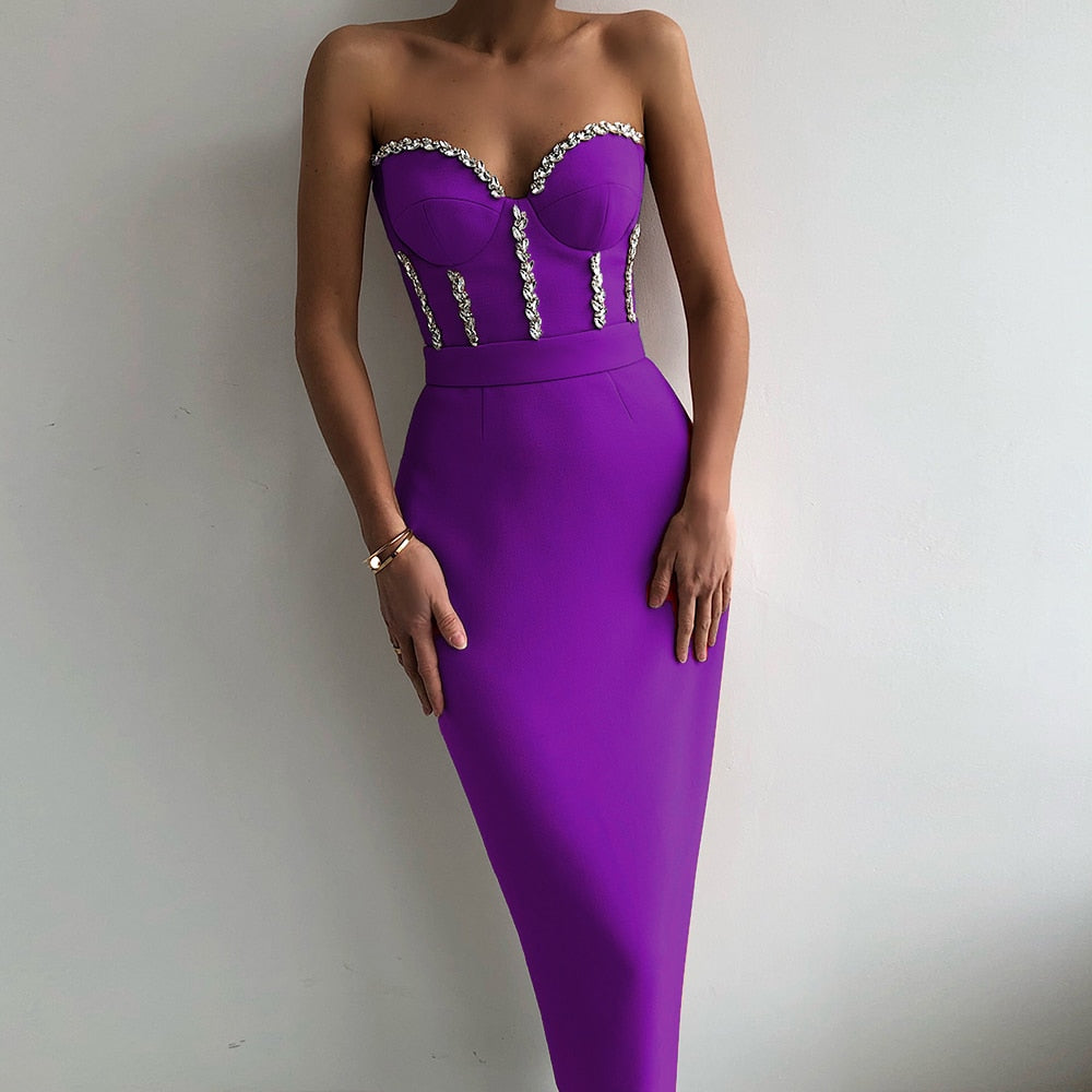 Sexy Strapless Women Dress Bandage Bodycon 2021 New Elegant Beading Party Evening Club Midi Dresses Summer Autumn Clothes