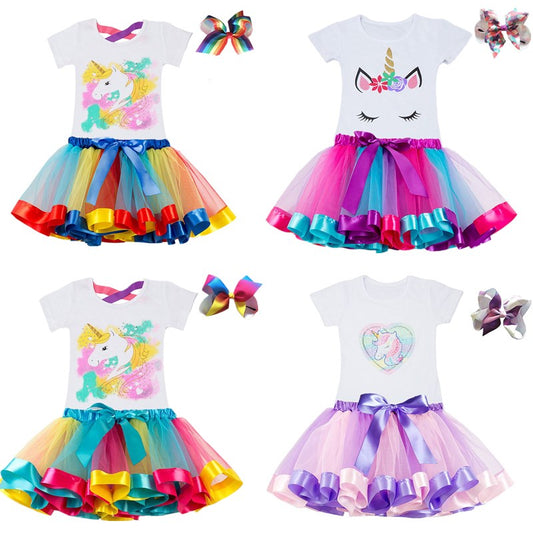 Kids Clothes Summer Fashion Unicorn T shirt whit Skirt Baby Girls Clothes Chilren Birthday Clothes Sets for 3 4 5 6 7 8 Yrs Girl