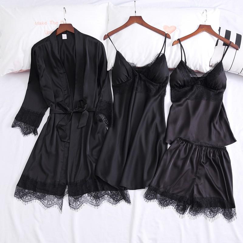Lace Sexy Kimono Bathrobe Gown Satin Women Pink Sleepwear Casual Spring Summer New Nightwear Intimate Lingerie Homewear