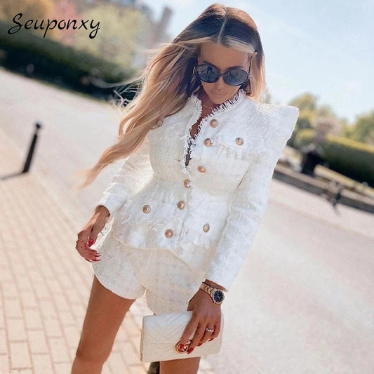 High Quality 2022 Autumn New Tweed 2 Two-Piece Set Sexy O-Neck Long Sleeve Single Breasted Jacket And Pants Club Party Set