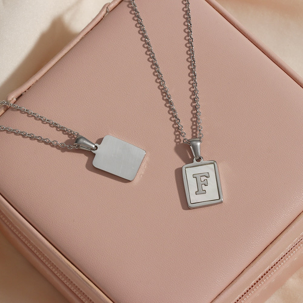 2021 Trend 18K Golden Chain Necklaces Male Square Natural Shell Initial Letters Pendant Stainless Steel Jewelry for Women Gifts