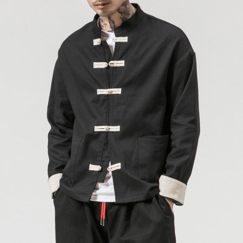 Kimono Jacket Men  Men Cotton Jacket China Style Frog Closure Button Kongfu Coat Male Loose Parchwork Cardigan Overcoat 5XL